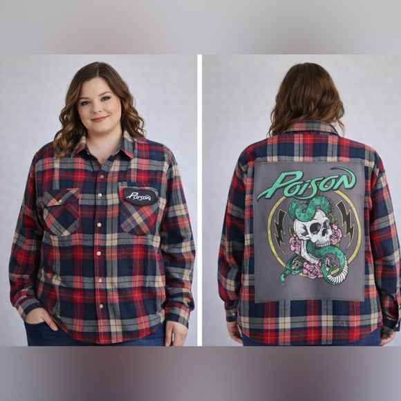 UpCycled POISON Band Tee On Vintage Tarleton Flannel Shirt Size L Custom OOAK - Picture 1 of 7